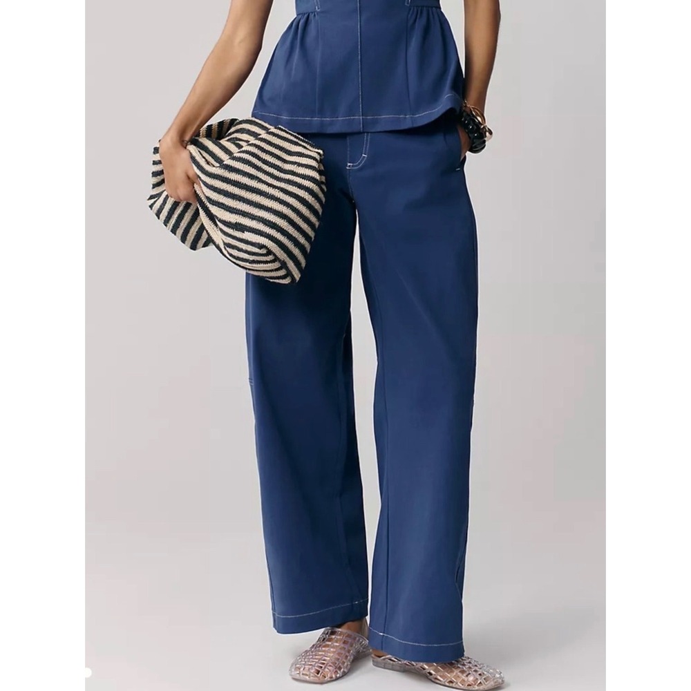 Anthropologie Maeve Curve Puddle Barrel Leg Pants Navy Blue Contrast Stitch - 8